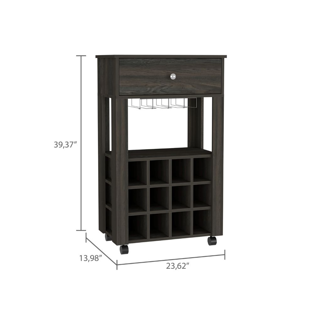 Memphis Bar Cart, Twelve Built-in Wine Rack, Four Legs, One Open Shelf -Espresso